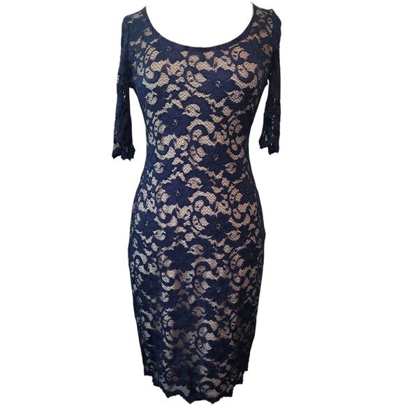 Belle Badgley Mischka Blue Lace Bodycon Dress Romantic Cottagecore Elegant Sz 6 - Picture 2 of 11